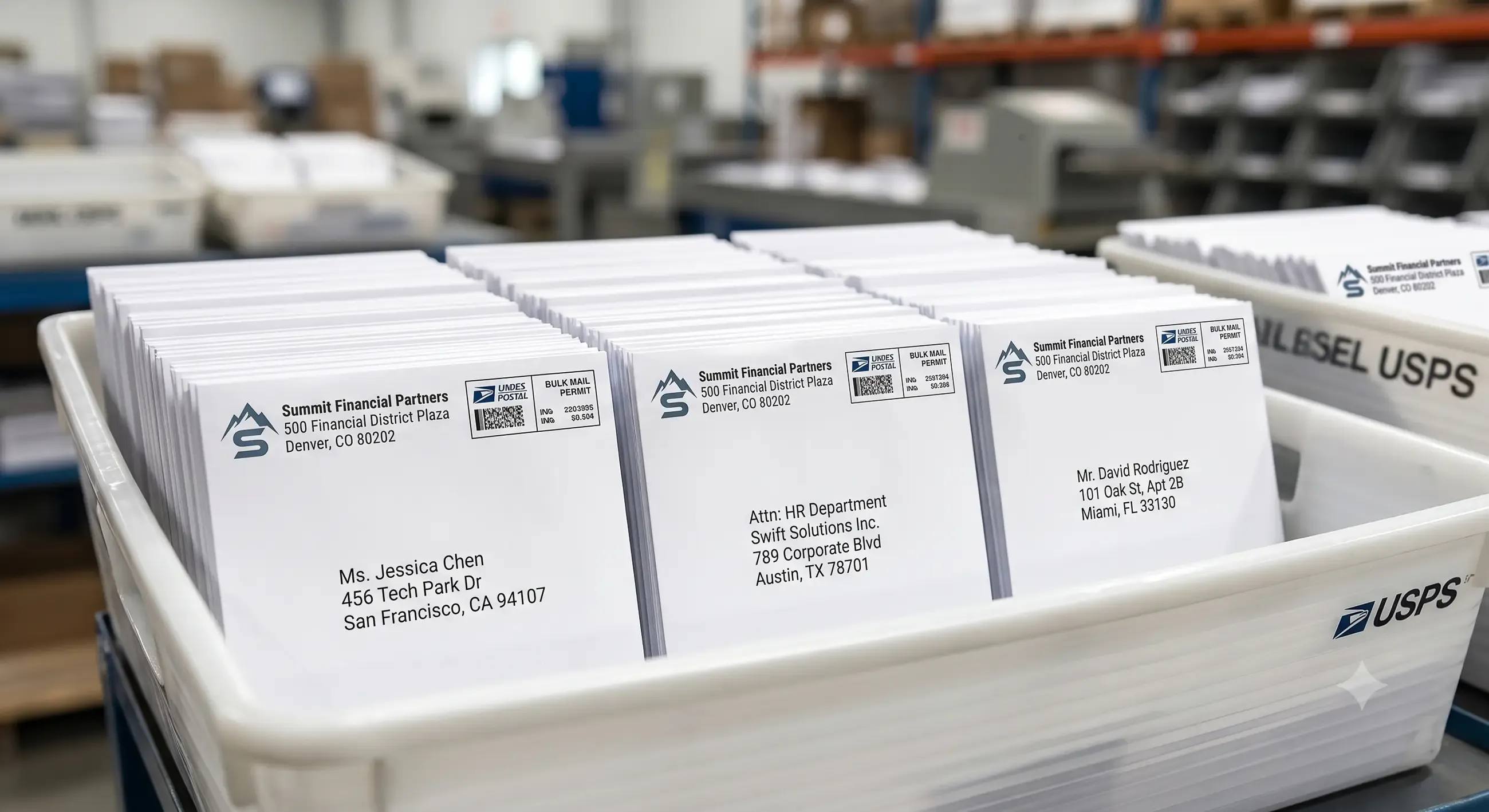 A USPS bin with envelopes