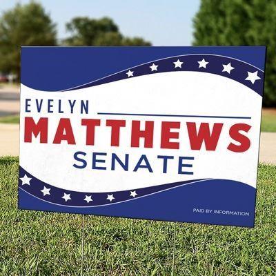 Blue and white campaign sign for a Senate candidate