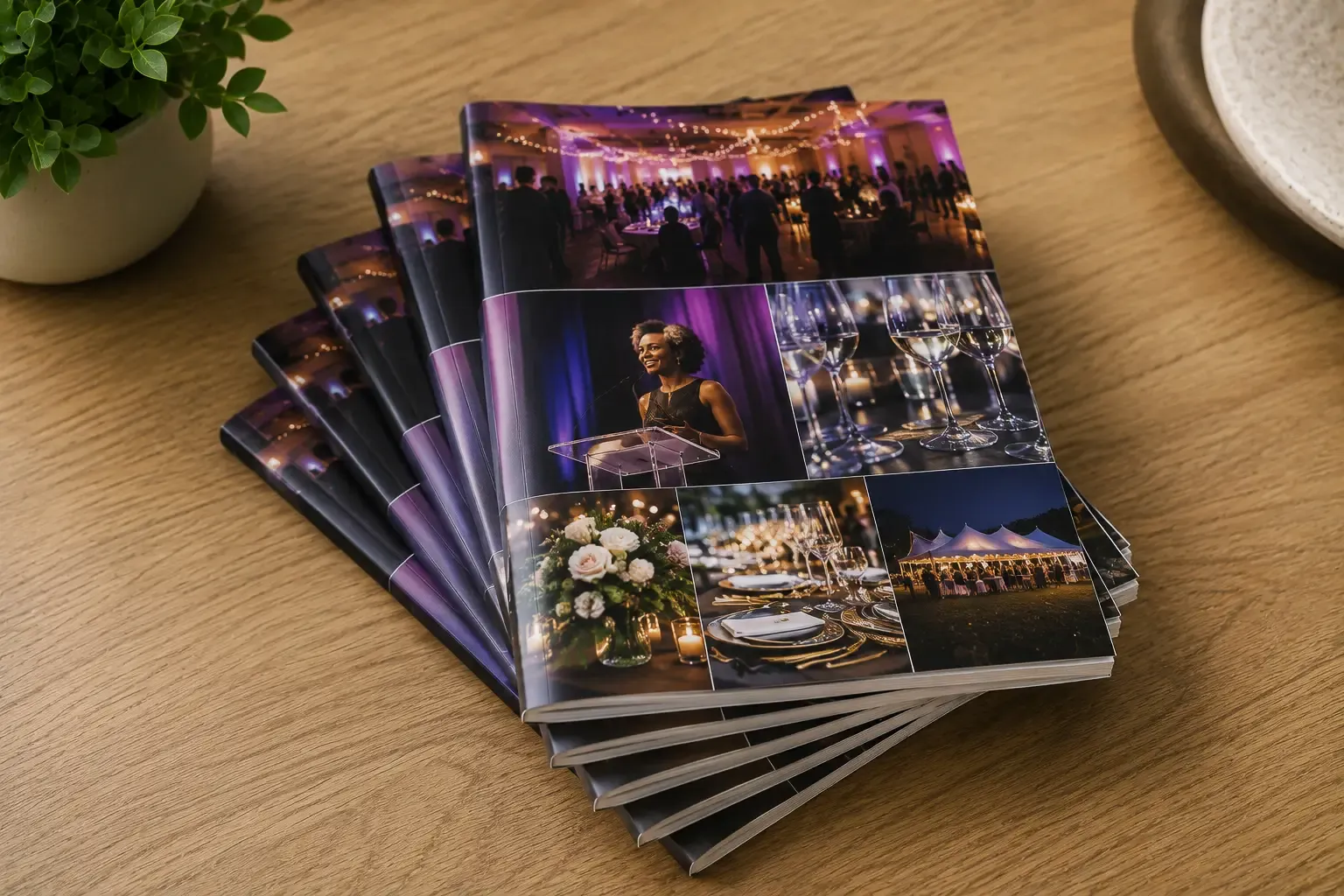 A set of photo albums on a table