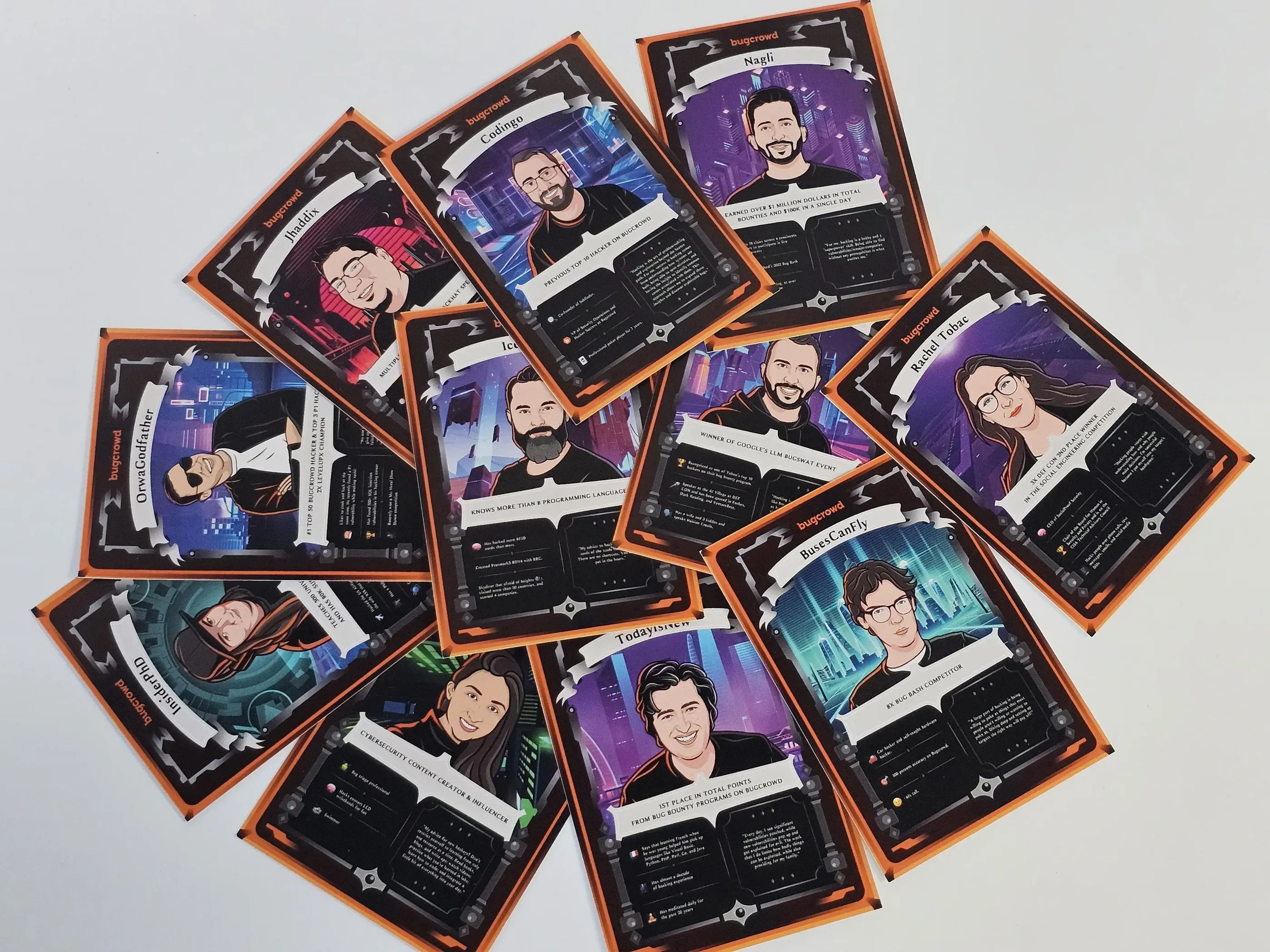 A collection of colorful, customized trading cards featuring unique, animated-style character designs. Each card highlights a professional profile, blending creativity with branding.