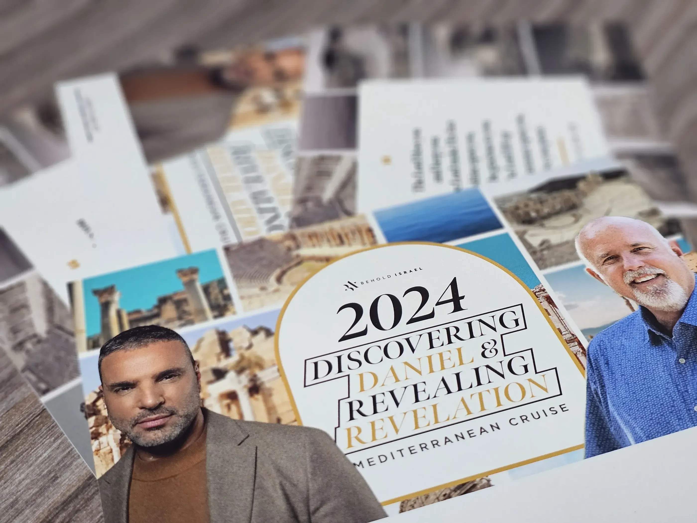 A professionally designed postcard promoting the “Discovering Daniel & Revelation Mediterranean Cruise” for 2024. The front features engaging imagery of Mediterranean landmarks and the event hosts. 	5.	Beyond Israel Postcard (Complete): A set of postcards showcasing a luxurious Mediterranean cruise e