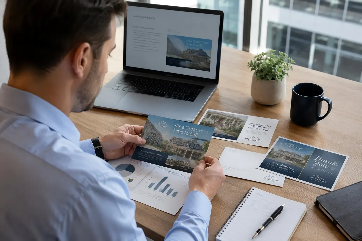 A man at a desk reviewing printed material
