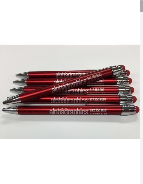 Red promotional pens printed with the AlphaGraphics logo