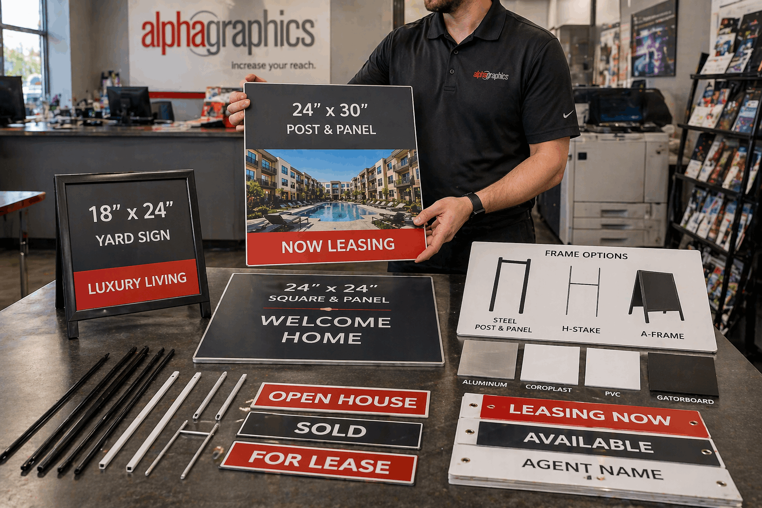 Real estate sign sizes and frame options