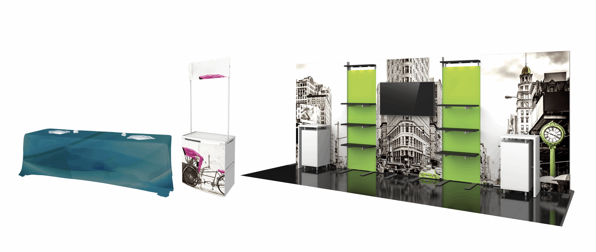 Various trade show displays from tablecloths to modular displays.