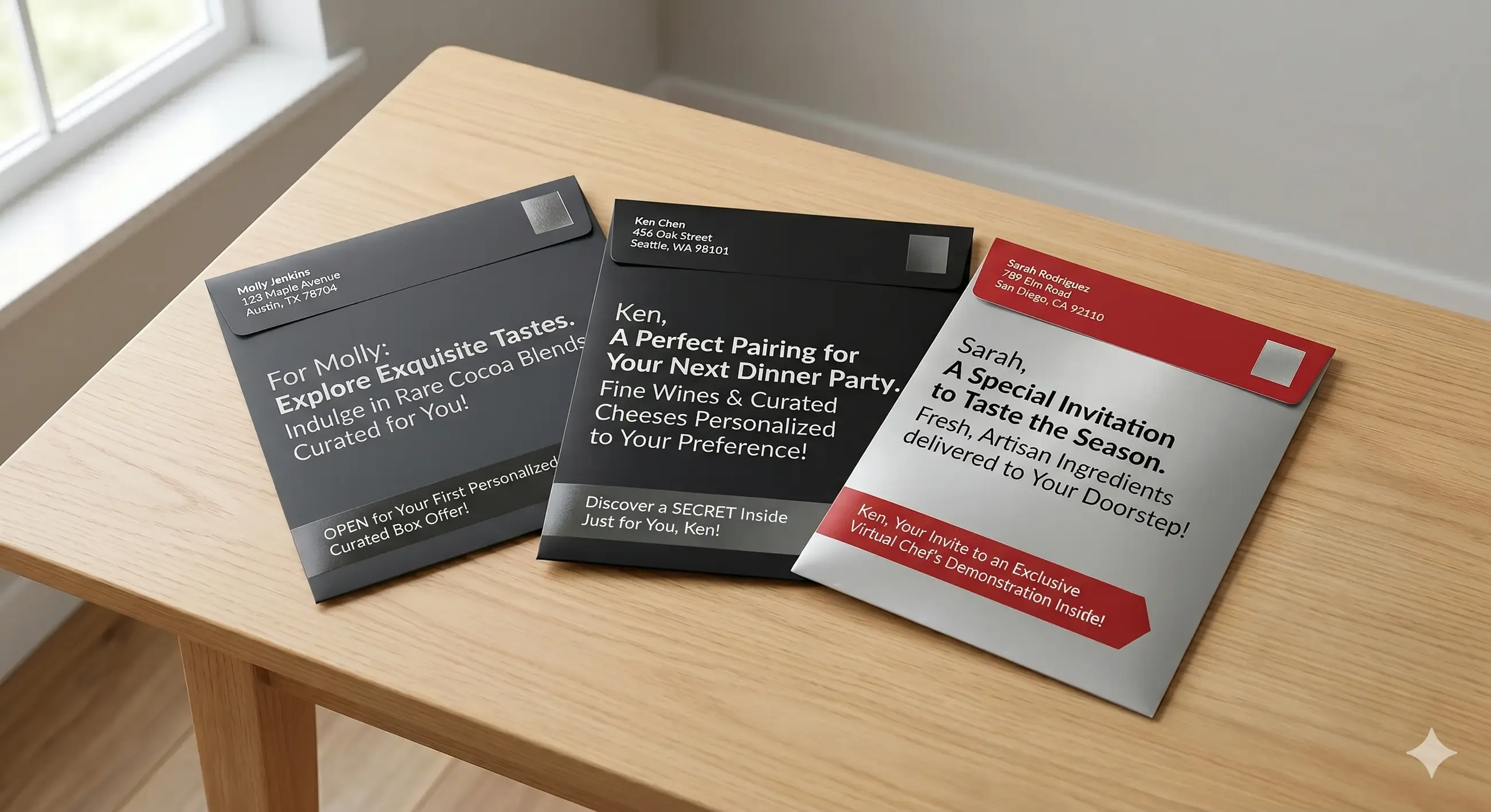 Three custom envelopes