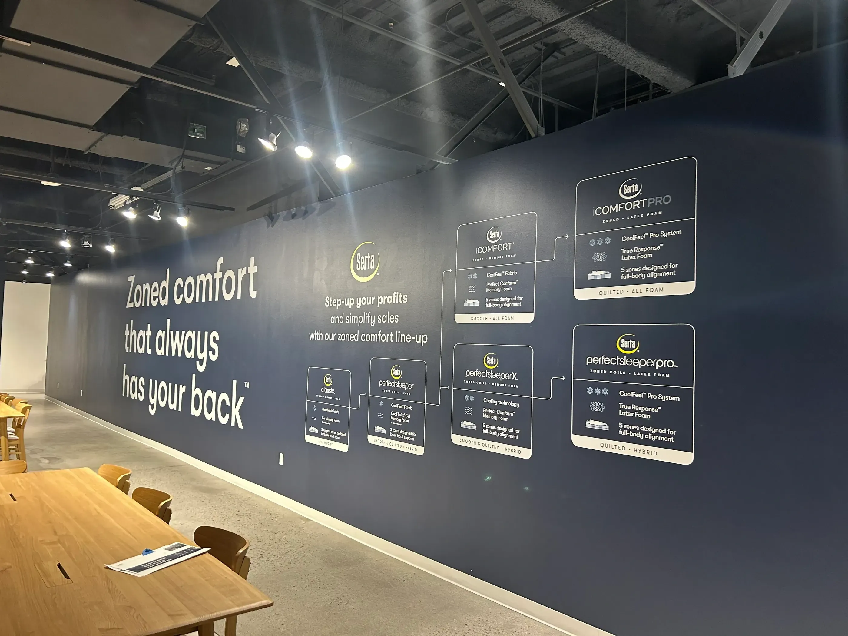 A continuation of the wall graphic reading