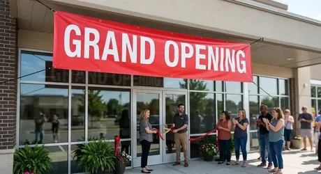grand opening banner on exterior building