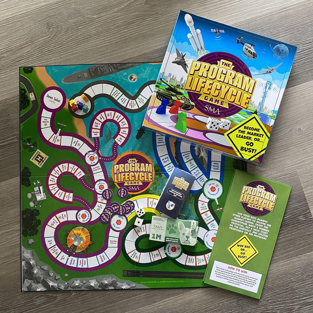 Custom printed board game with cards and box