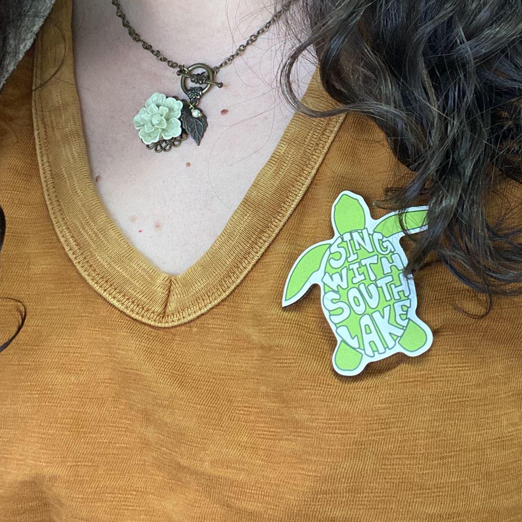 Green turtle-shaped enamel pins on a sweater