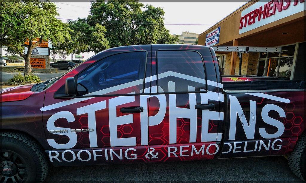 Stephens roofing car wrap