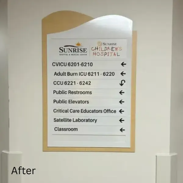 After image of a directional sign at Sunrise Hospital. The updated sign includes floor numbers and directions to key departments such as CVICU, Adult Burn ICU, CCU, public restrooms, and elevators. It has a modern design with a curved top and wooden frame.