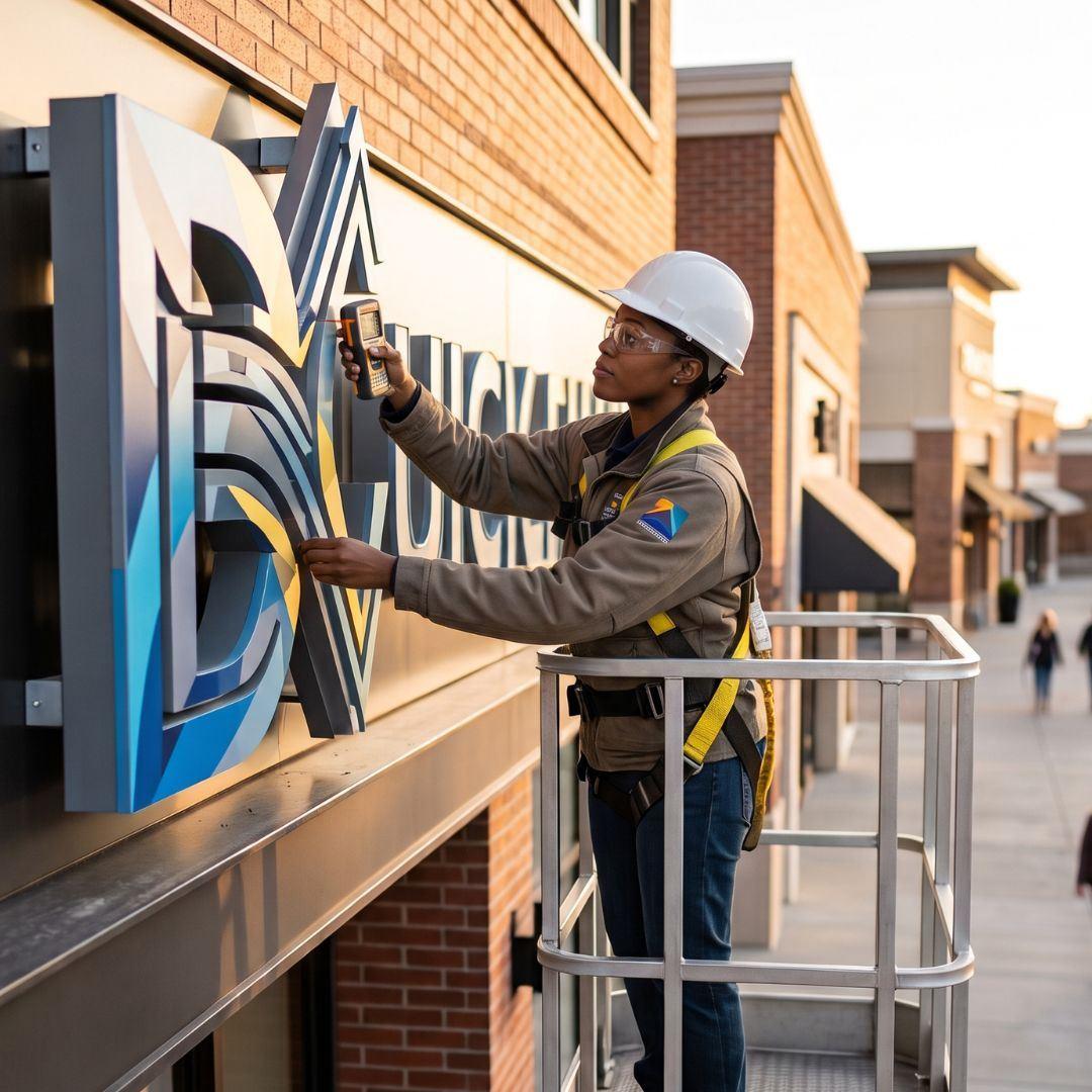 photo of woman installing sign