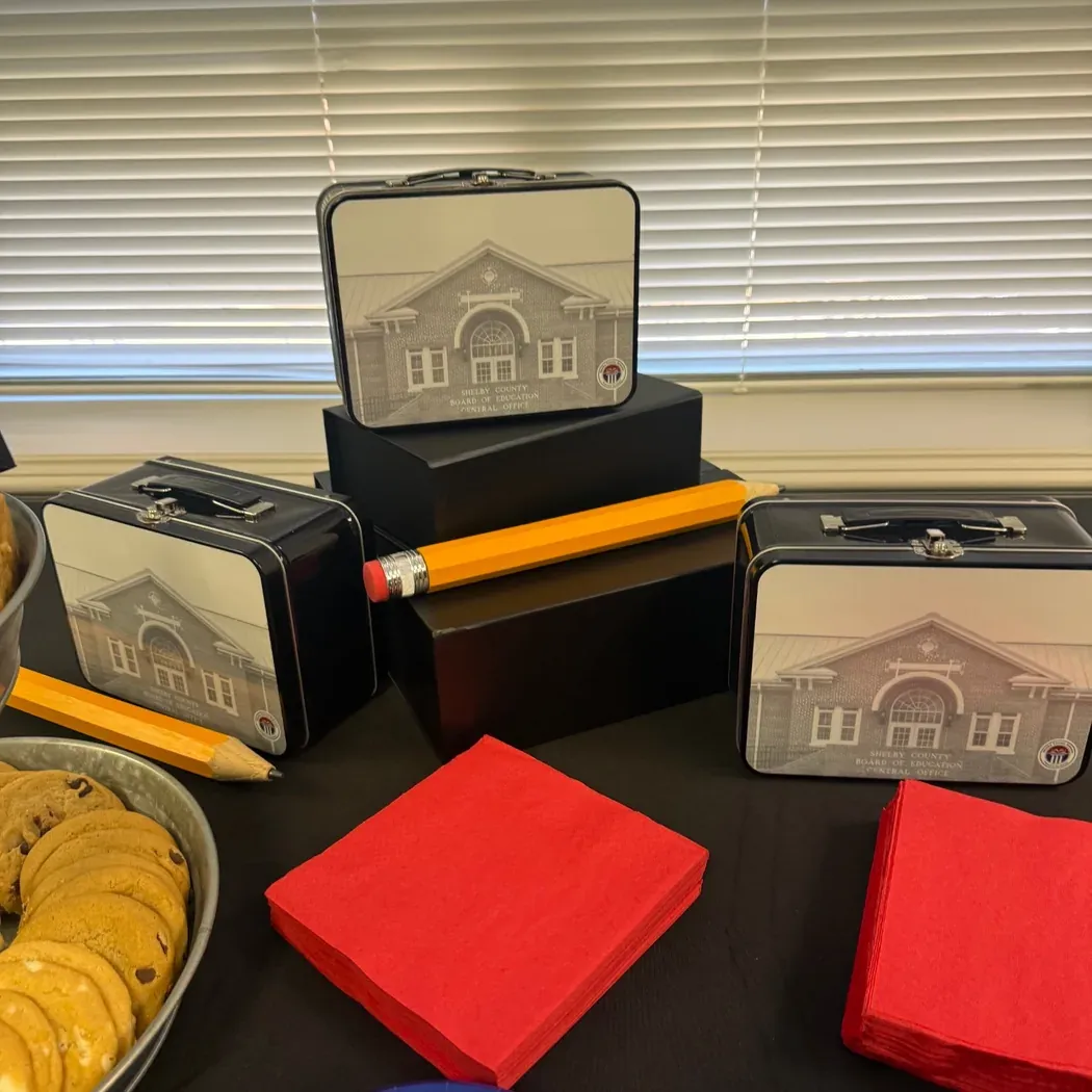 Custom printed tin lunchboxes for the Shelby County Board of Education Central Office