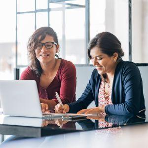 Two small business owners looking at a laptop during a meeting