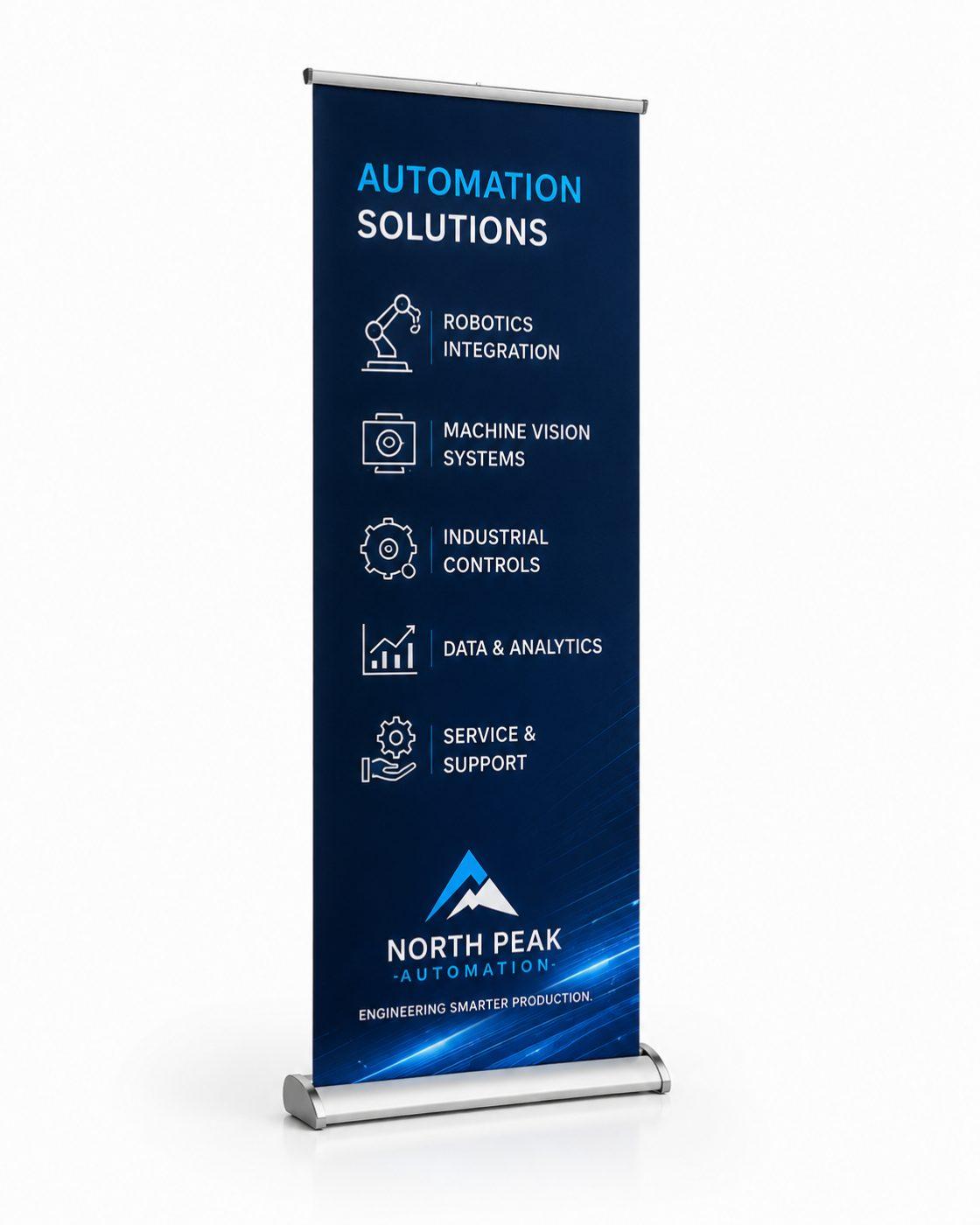 Retractable roll-up banner stand set up beside a registration table