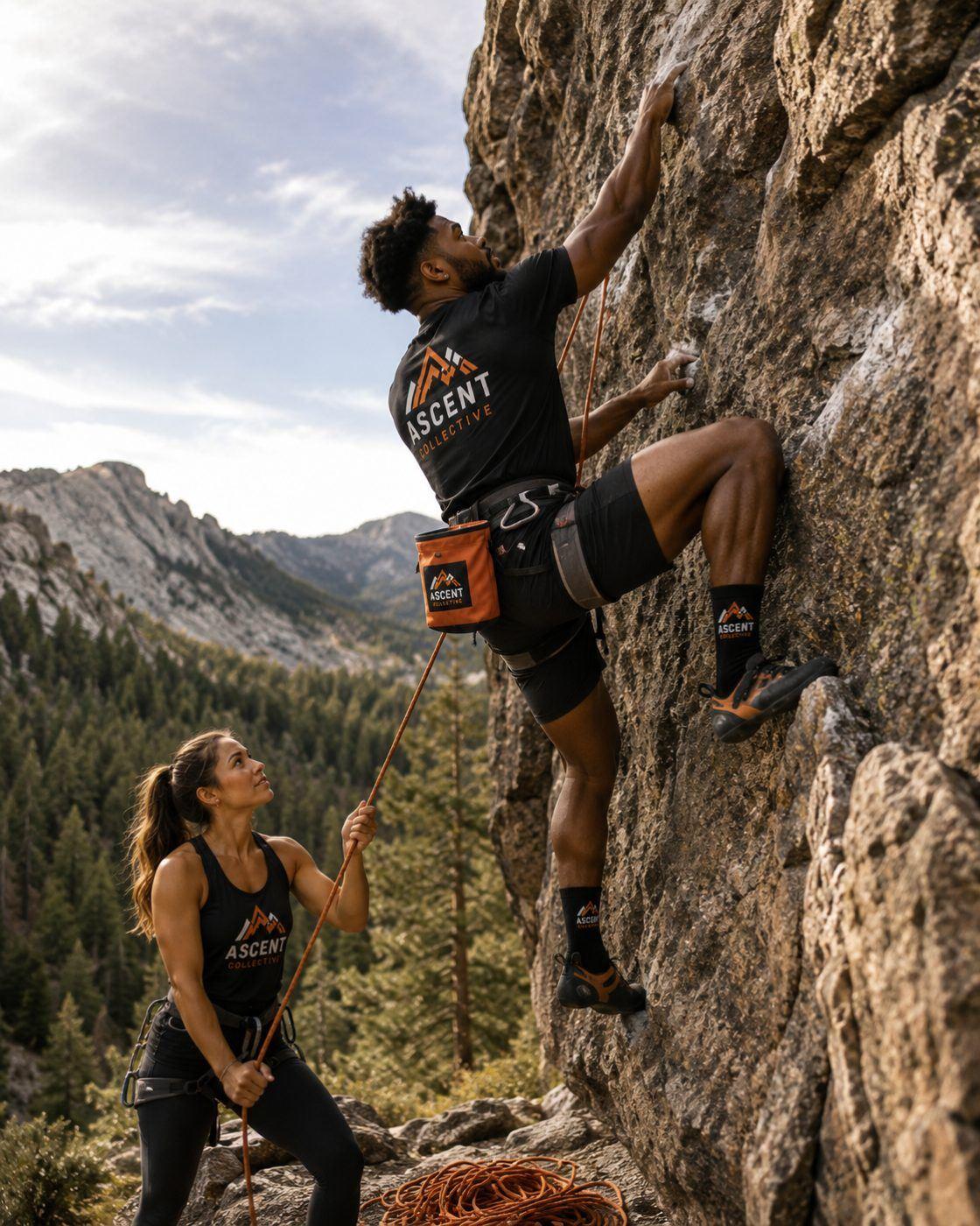Branded t-shirts being worn by climbers on a gym wall