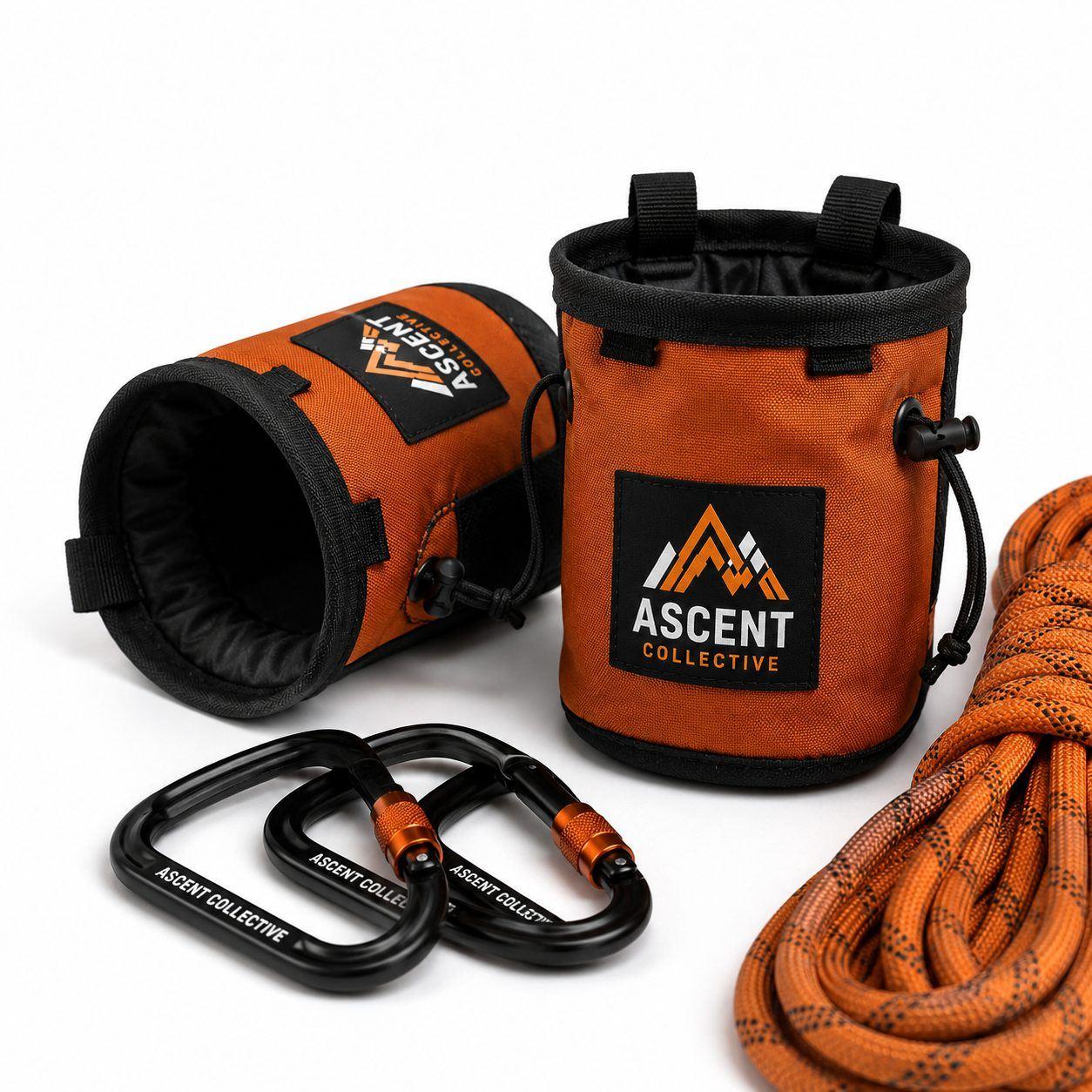 Branded climbing chalk bags and carabiners with a screen-printed logo