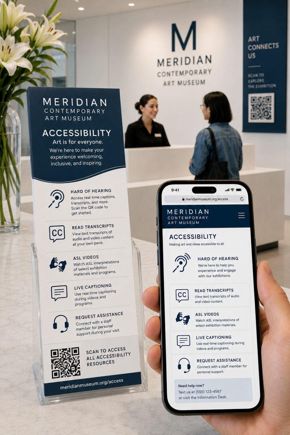 Printed panel with a QR code providing accessibility information on a phone