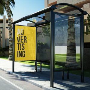 An outdoor advertisement on a bus stop